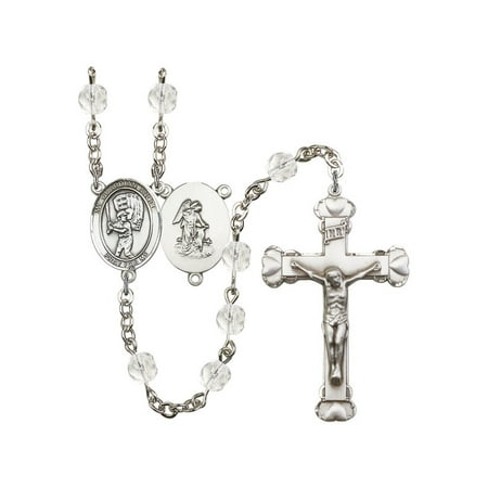Baseball Cross Necklace Guardian Angel/Baseball Silver-Plated Rosary 6mm April Crystal Fire Polished Beads Crucifix Size 1 5/8 x 1 medal charm ()