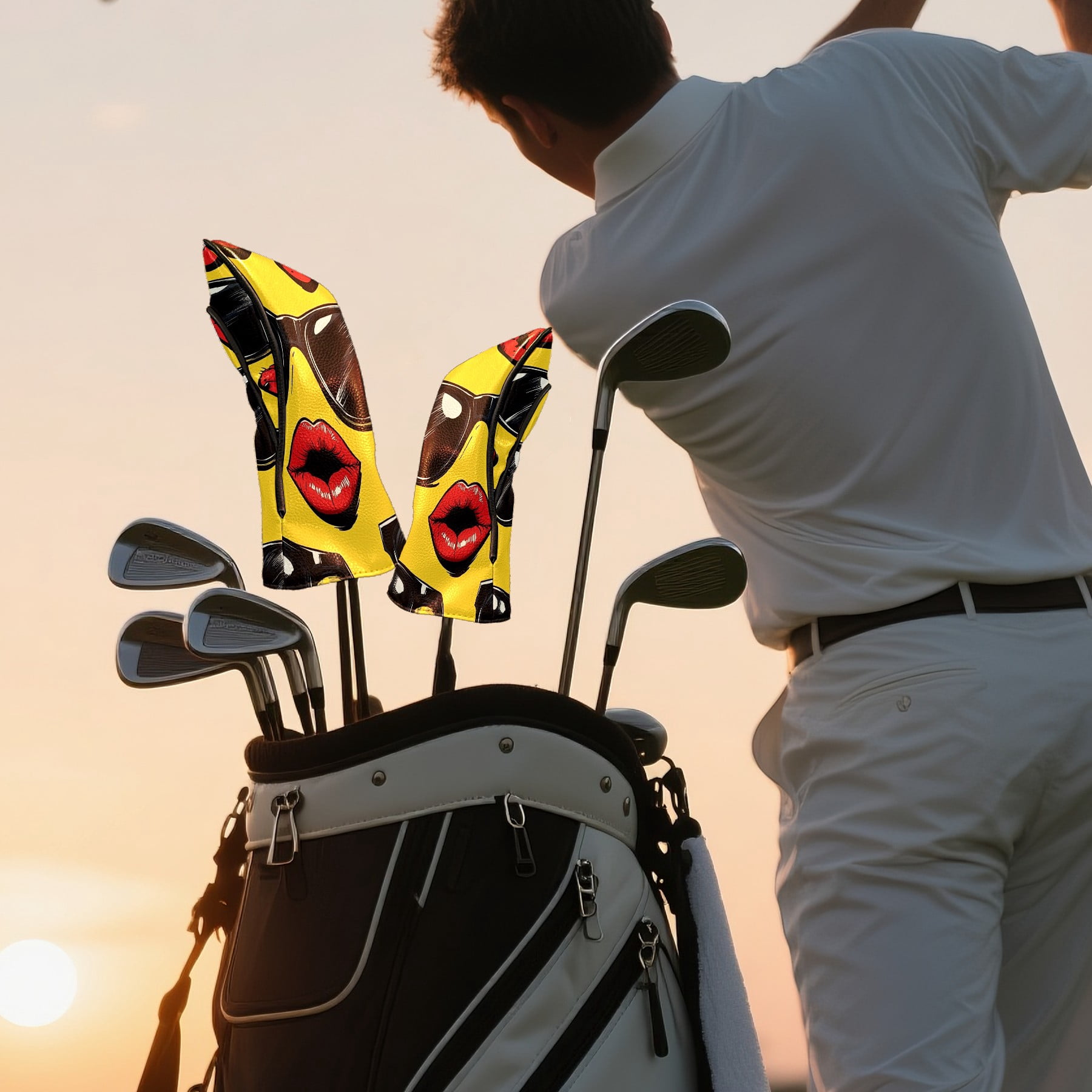 Golf Club Covers PU Leather Waterproof Head Covers for Fairway Woods Hybrids Funny Patterns