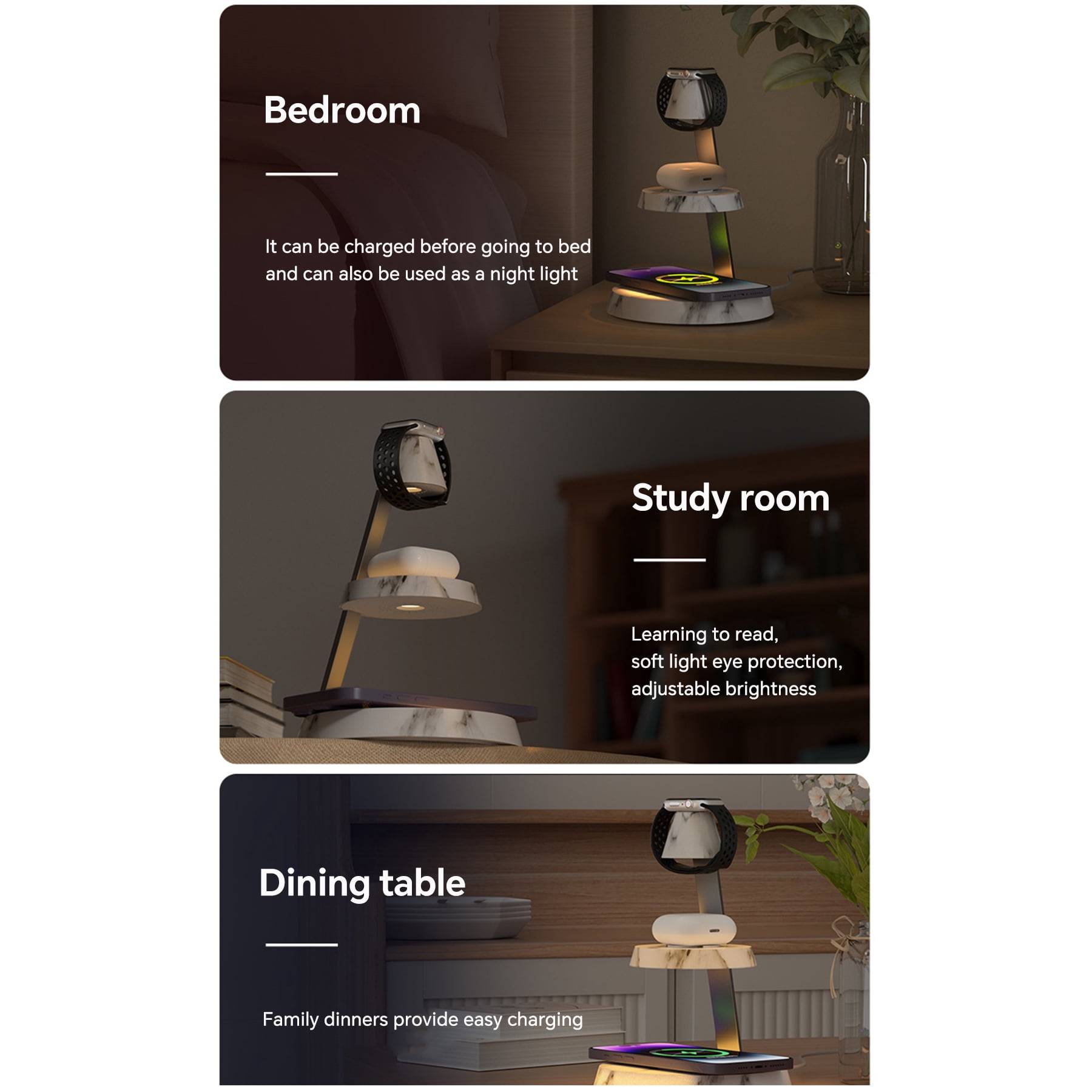 3-in-1 Magnetic Wireless Charger & Desk Lamp, 15W Fast Charging Station for Apple multi-device, Suitable for home bedroom and study