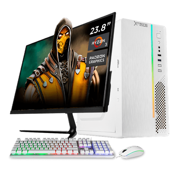 Computadora Escritorio Completa Xtreme PC Gaming AMD Radeon Vega 8 Ryzen 3 3200G 16GB SSD 500GB Monitor 23.8 75Hz WIFI White juegos casuales, trabajo y estudio