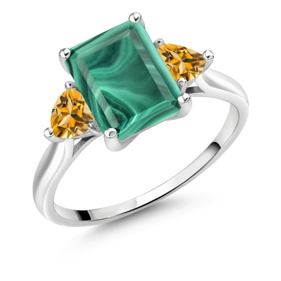 Gem Stone King 10K White Gold Green Malachite and Yellow Citrine 3 Stone Engagement Ring for Women (3.92 Cttw, Emerald Cut 9X7MM, Gemstone Birthstone, Size 6)