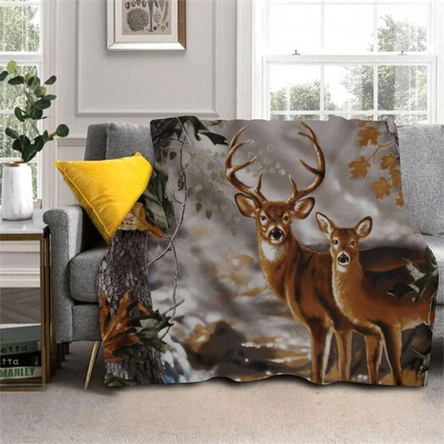 Camo Hunting Deer Pattern Fleece Blankets for Beds Sofa Couch Winter