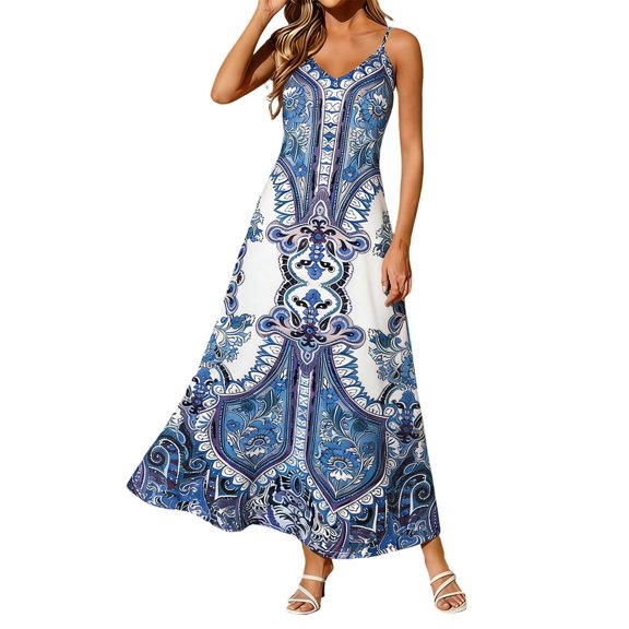 XIAOCHA Women's Paisley Print Maxi Dress V Neck Spaghetti Strap Summer Coastal Flowy Long Gown