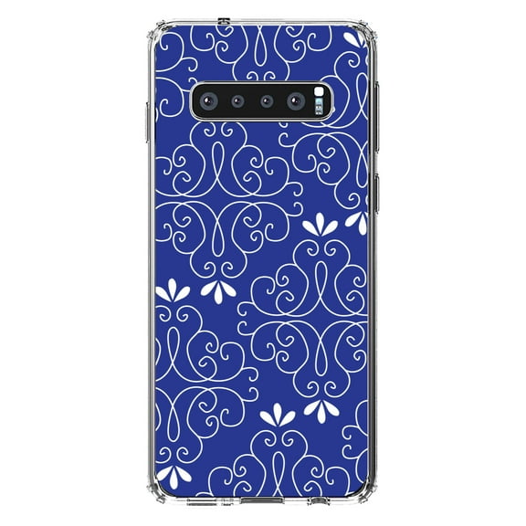 DistinctInk Clear Shockproof Hybrid Case for Samsung Galaxy S10 (6.1" Screen) - TPU Bumper, Acrylic Back, Tempered Glass Screen Protector - Dark Blue White Floral