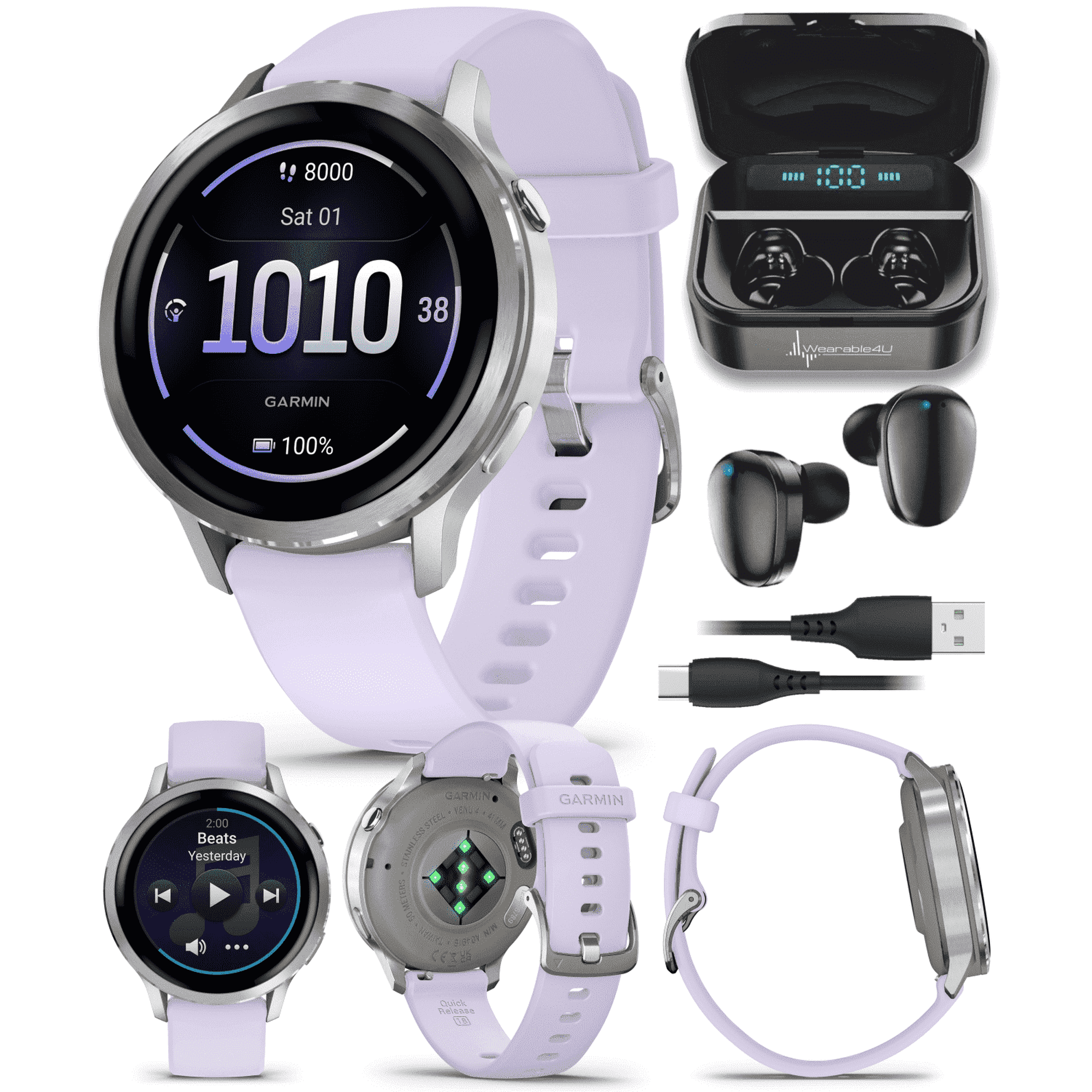 Garmin Venu 4 - 41mm AMOLED Advanced Health & Fitness GPS Smartwatch, Bright & Colorful Display, Flashlight, Up to 10 Days, Silver w/Periwinkle Silicone Band w/Wearable4U Black EarBuds Bundle