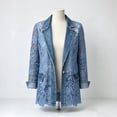 thumbnail image 6 of Sorvello Distressed Eyelet Lace Patchwork Denim Jacket for Women Notch Lapel Single Button Front Blazer with Pockets Mid Long Spring Fall Business Casual Light Blue L, 6 of 6
