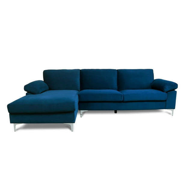 Modern Large Microfiber Velvet Fabric L Shape Sectional Sofa With Extra Wide Chaise Lounge For Living Room Navy Blue Com Modern Large Microfiber Velvet Fabric L, Large Linen Fabric Sectional Sofa With Left Facing Chaise Lounge Navy
