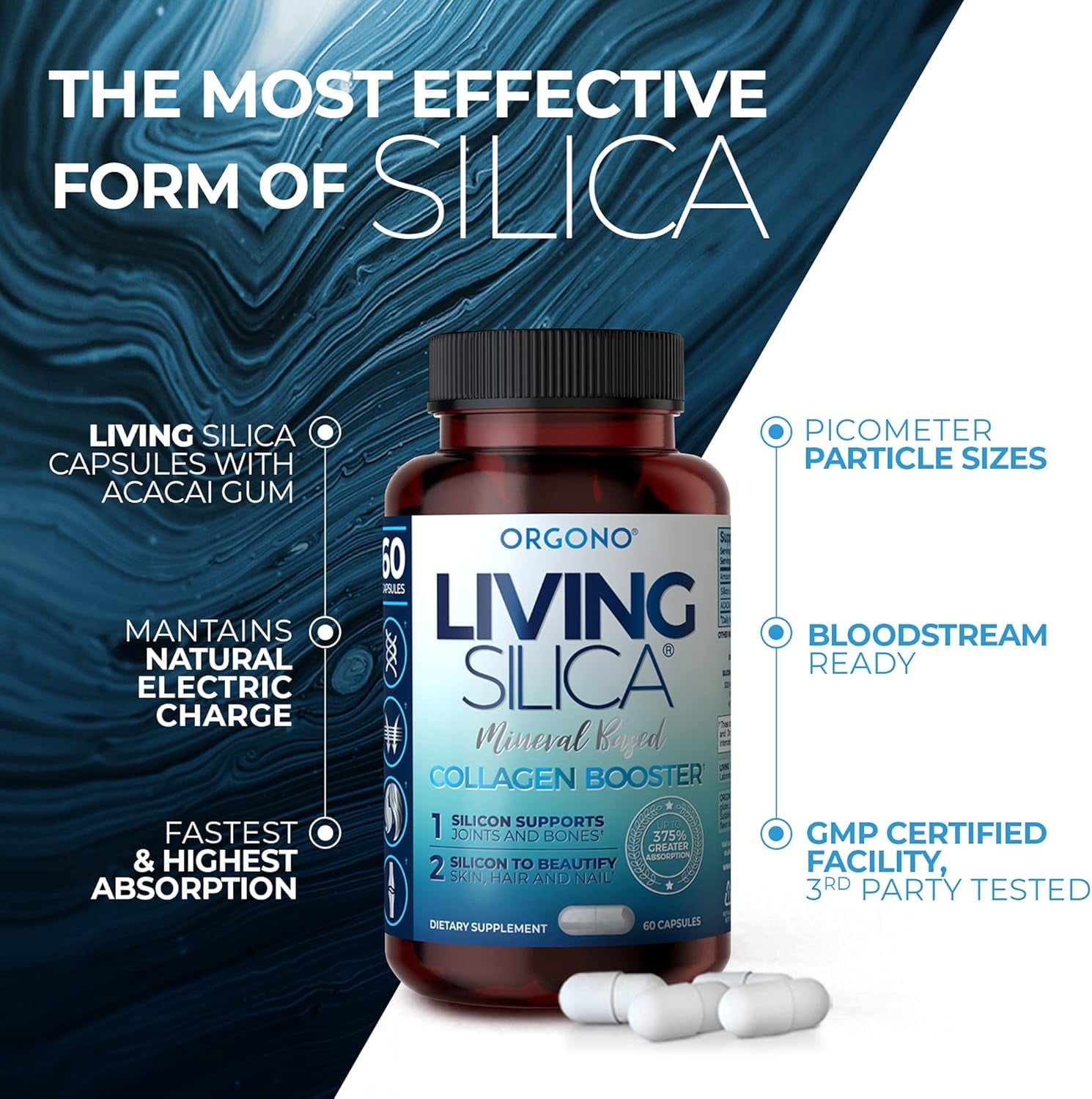 Orgono Living Silica, Collagen Booster for Hairs, Nails, Bones & Joints 60 Caps