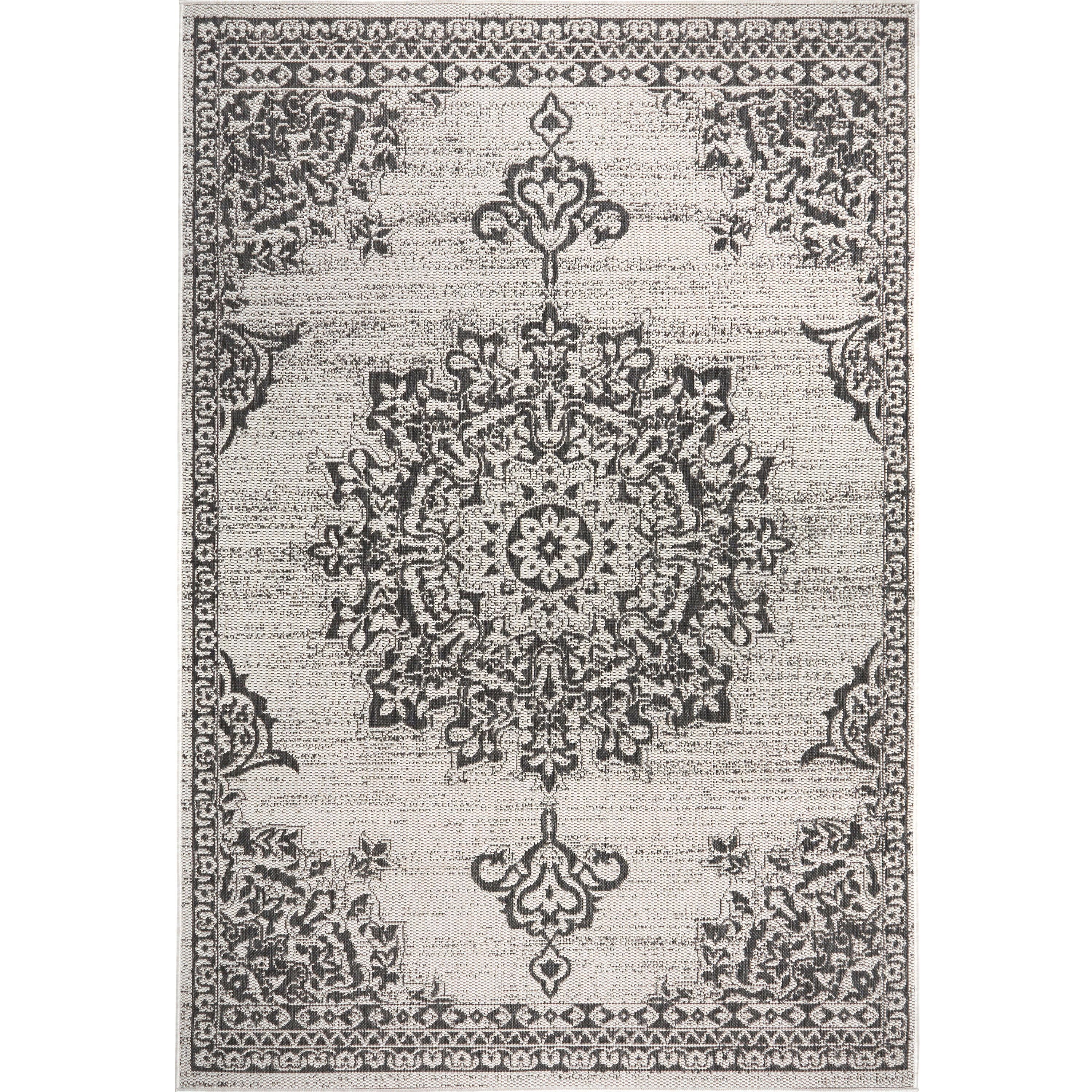 Nicole Miller New York Patio Country Azalea Transitional Medallion Indoor/Outdoor Area Rug, Grey/Black, 7'9"x10'2"