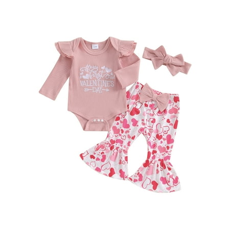 

HOANSELAY Baby Girls Valentine’s Day Outfits Embroidery Romper + Flare Pants + Headband Set Infant Clothes