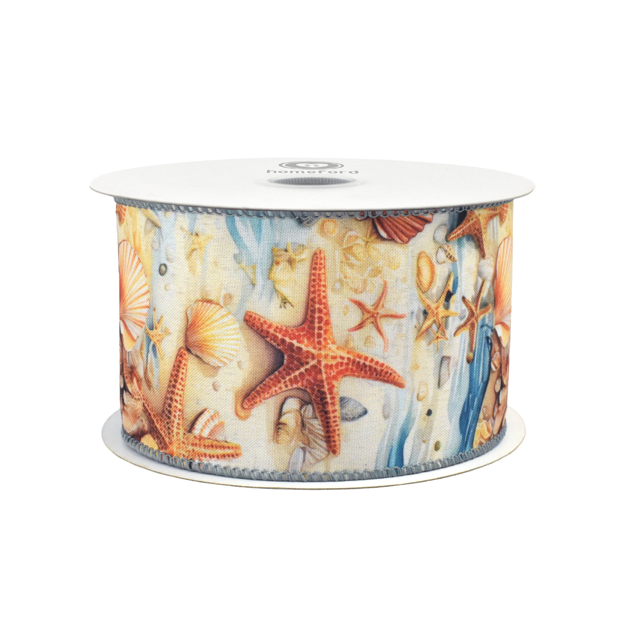 Homeford Summer Starfish Seashells Tidepool Deluxe Wired Ribbon, 2-1/2-inch, Blue/Ivory/Orange, 10-yard