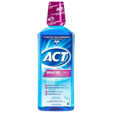 ACT Braces Care Anticavity Fluoride Mouthwash with Xylitol, Clean Mint 18 oz (Pack of