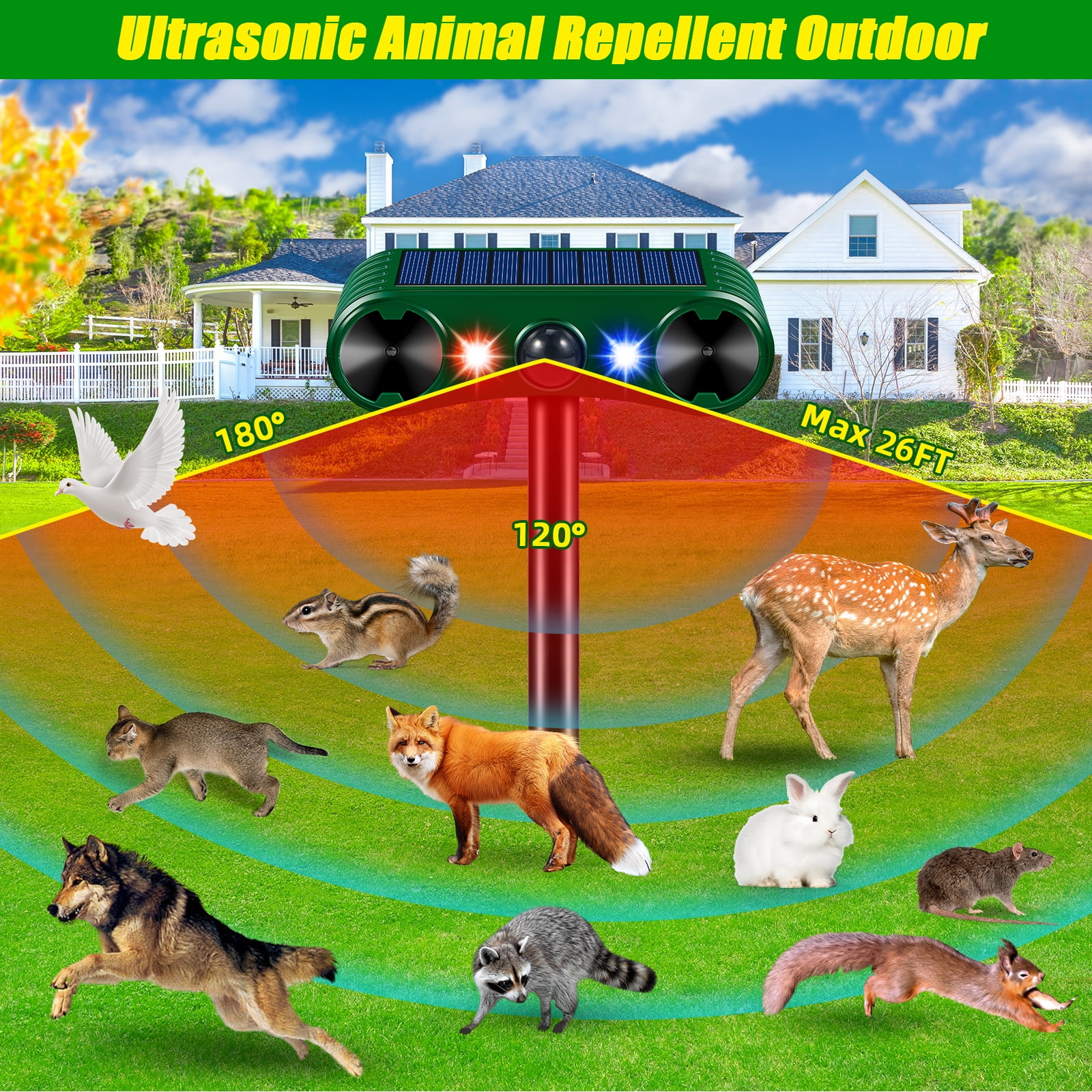 Onemayship Solar Pest Repeller with Motion Sensor: this innovative pest repeller is equipped with a PIR sensor and alternating red/blue flashing lights to repel cats, dogs, deer，protect yards