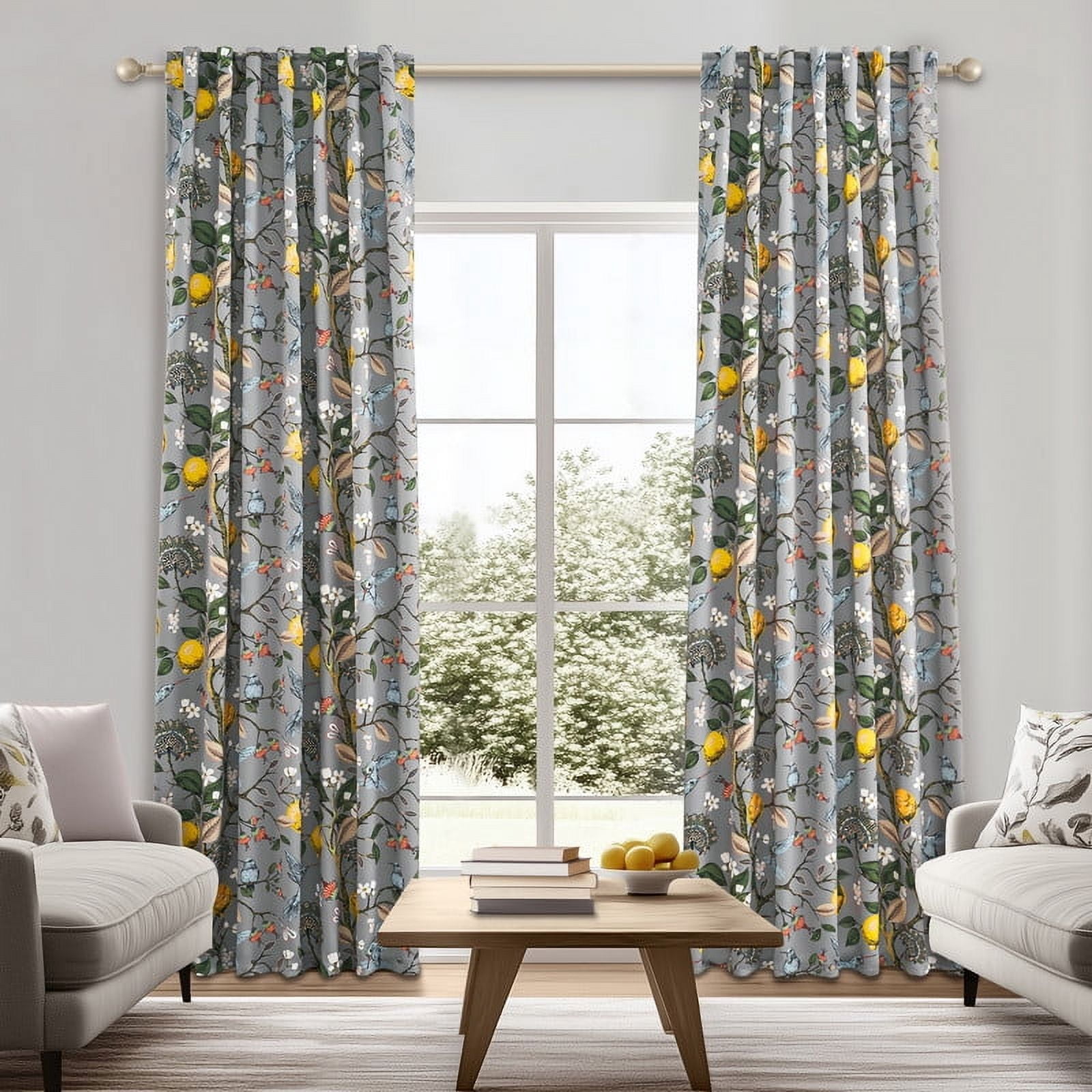 Topfinel Fancy Hummingbird Patterned Curtain,Grey Curtains for Living Room, Thermal Insulated Blackout Curtains for Bedroom, Floral Vintage Lemon Curtains 72 inch Length 2 Panels Set