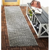 SAFAVIEH Courtyard Josiah Floral Medallion Indoor/Outdoor Runner Rug, Light Grey/Black, 2'3" x 8'