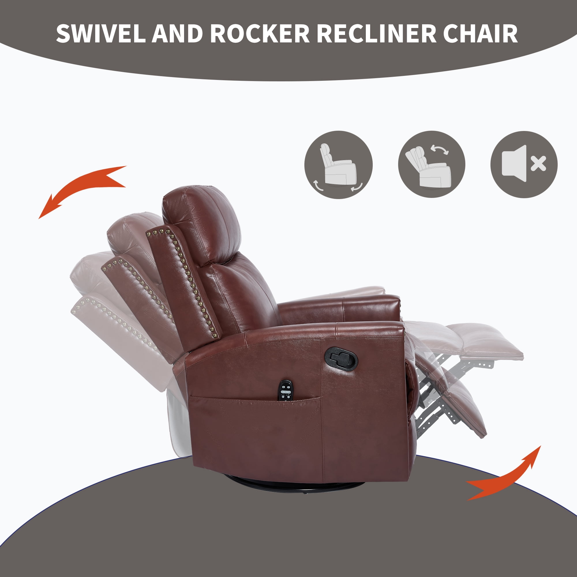Leumius Swivel Rocker Recliner Chair with Vibration Massage and Lumbar Heating,Rivet Design Lounge Chair with Rocking Function and Side Pocket for Living Room,Deep Red