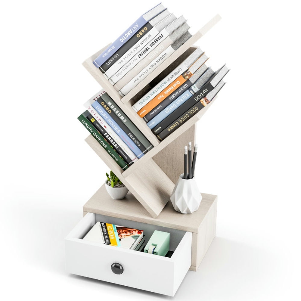 Demi Bonn 5-Tier Floor Standing Tree Bookcase with Drawer, Space-Saving Bookshelf, Beige