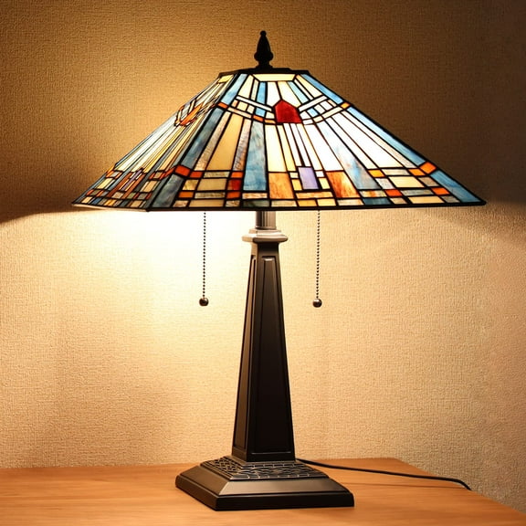 Tiffany Table Lamp 16" Wide Handmade Stained Glass Lamp Shade 2 Light Vintage Table Lamp for Living Room Bedroom