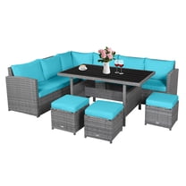 Patiojoy Outdoor Wicker Coversation Set, 7 Piece, with Turquoise Cushions