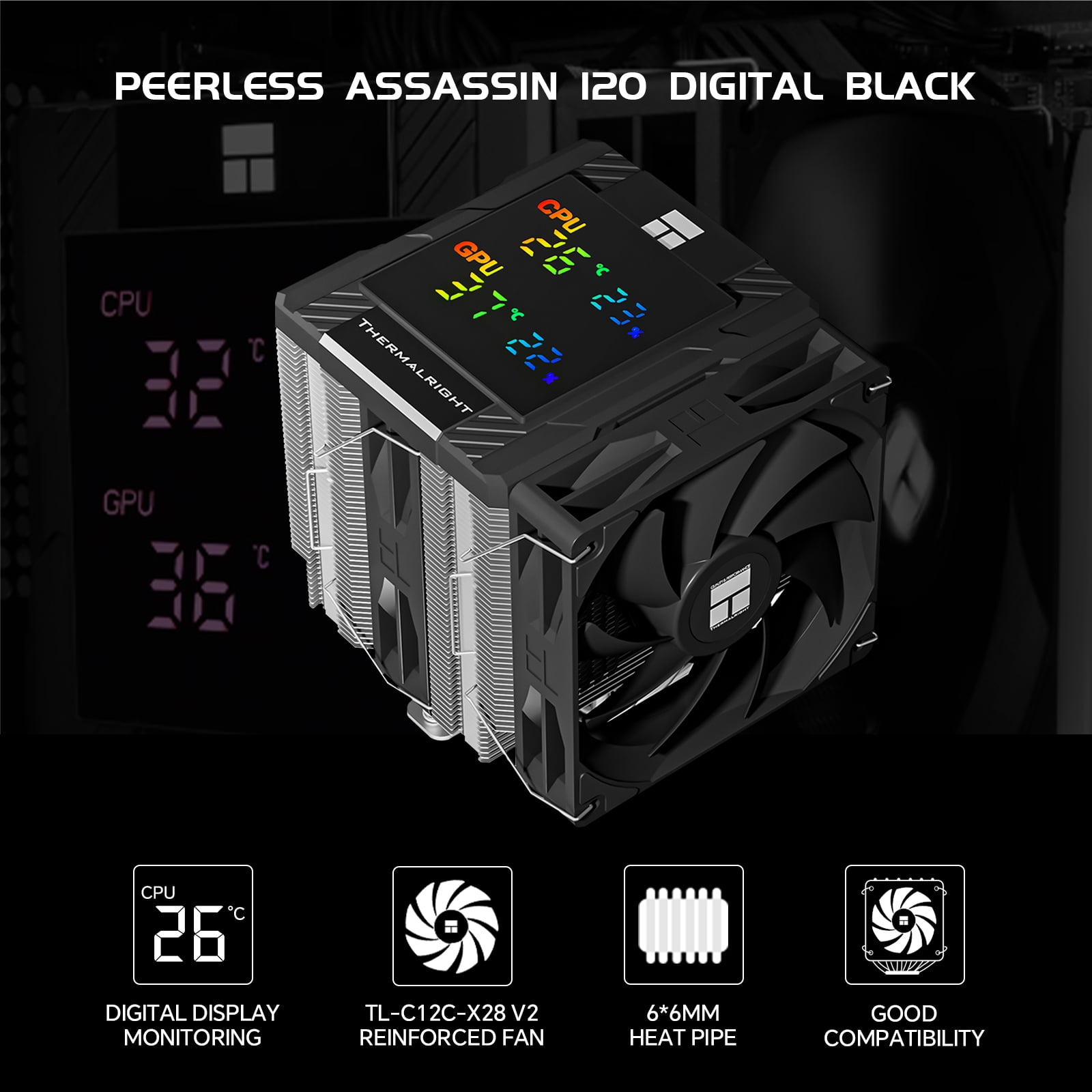 Thermalright Peerless Assassin 120 Digital Black CPU Air Cooler, Temperature Digital Display | 6 Heat Pipes |1850RPM PWM Fans, for Intel 1851/1700, AMD AM4/AM5