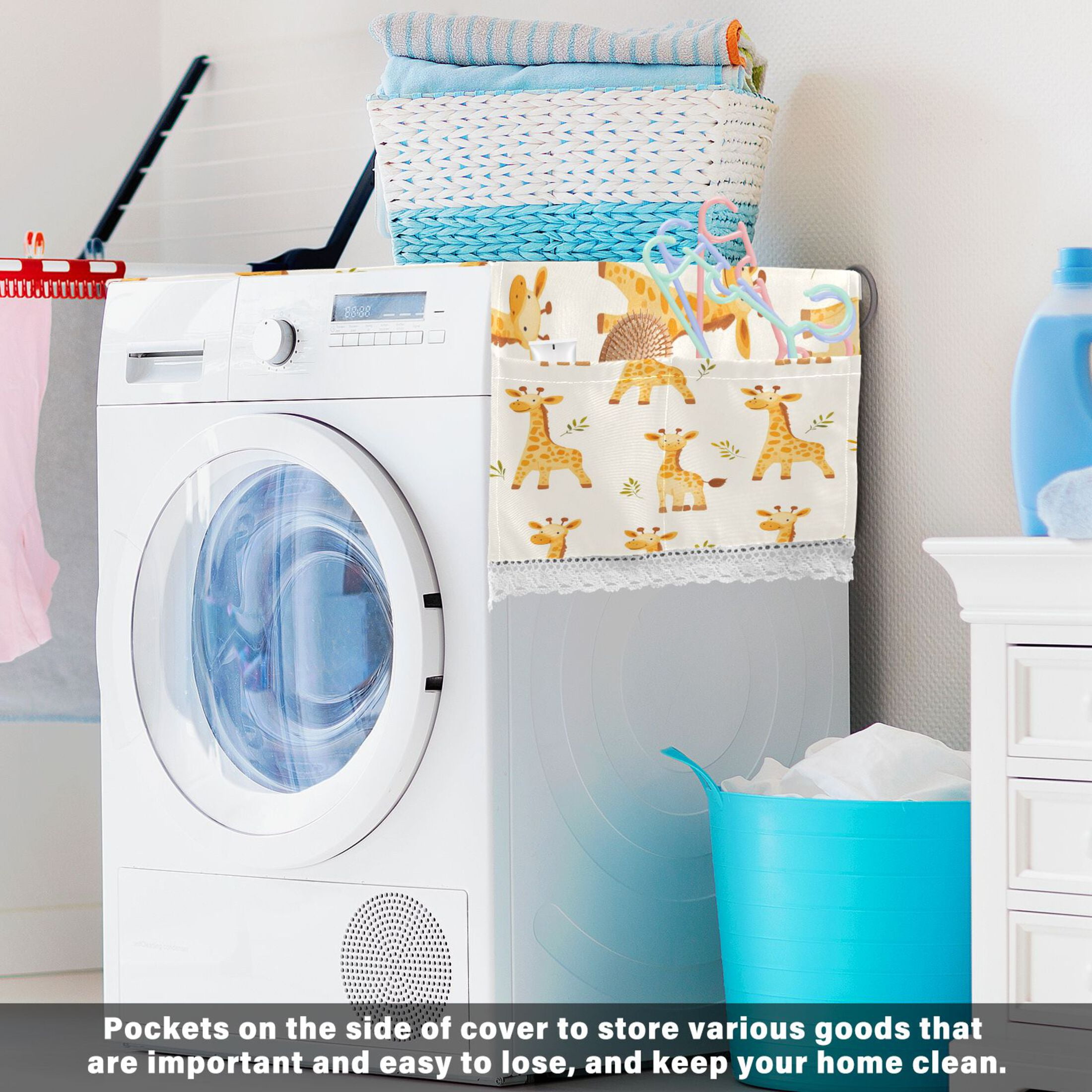 Cartoon GiraffeWasher and Dryer Covers Dust-Proof and Oil Resistant Fridge Cover with 4 Storage Pockets Washing Machine Top Cover for Laundry Kitchen Home 51.2 x 22 In
