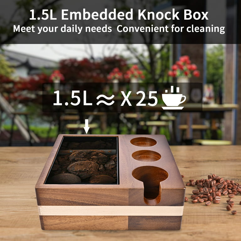4-in-1 Wooden Espresso Knock Box for 51-58mm Espresso Accessories, Durable Multi Function Tamping Station for Hygienic Knocking, Store Your Tamper