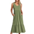 thumbnail image 4 of Lucakuins, vestidos midi de verano para mujer, moda de vacaciones, cuello en V, color sólido, sin mangas, playa, vestido acampanado Lucakuins moda, 4 of 9