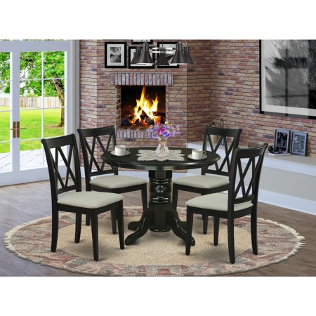 HomeStock Antique 5Pc Dining Set Includes A Round Dining Room Table And Four Double X Back Linen Seat Kitchen Chairs Black Finish