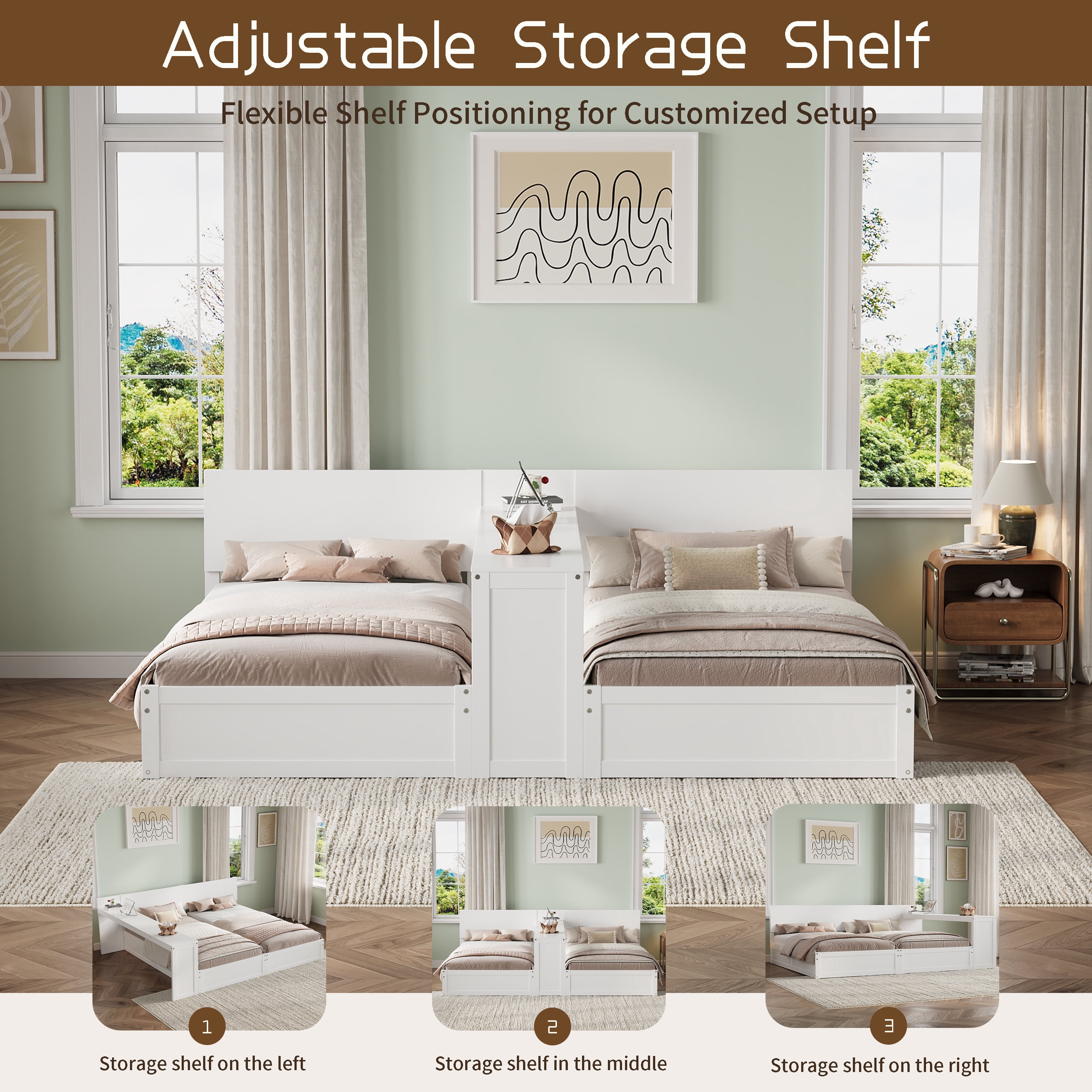 Mintazer Twin Size Double Platform Bed Frame with Adjustable Middle Storage Desk, 2 Twin Beds with Movable Workstation for Kids Teen Shared Bedroom Guest Room, White