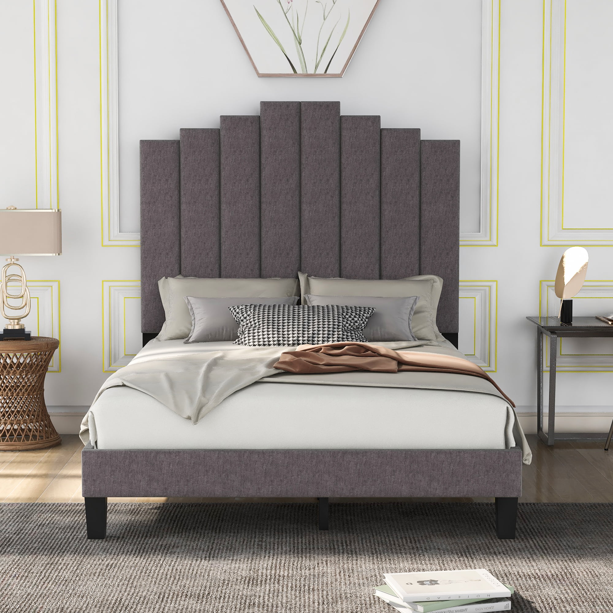 Platform Bed with Curved Rhombic Button Tufted Headboard SHA CERLIN Upholstered Full Size Bed Frame No Box Spring Needed Easy Assembly Dark Grey Wood Slat Support