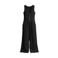 thumbnail image 7 of Women's Summer Cotton‑Linen Ruffle V‑Neck Sleeveless Wide‑Leg Jumpsuit Solid‑Color Casual One‑Piece Long Pants with Side Pockets Black M, 7 of 7
