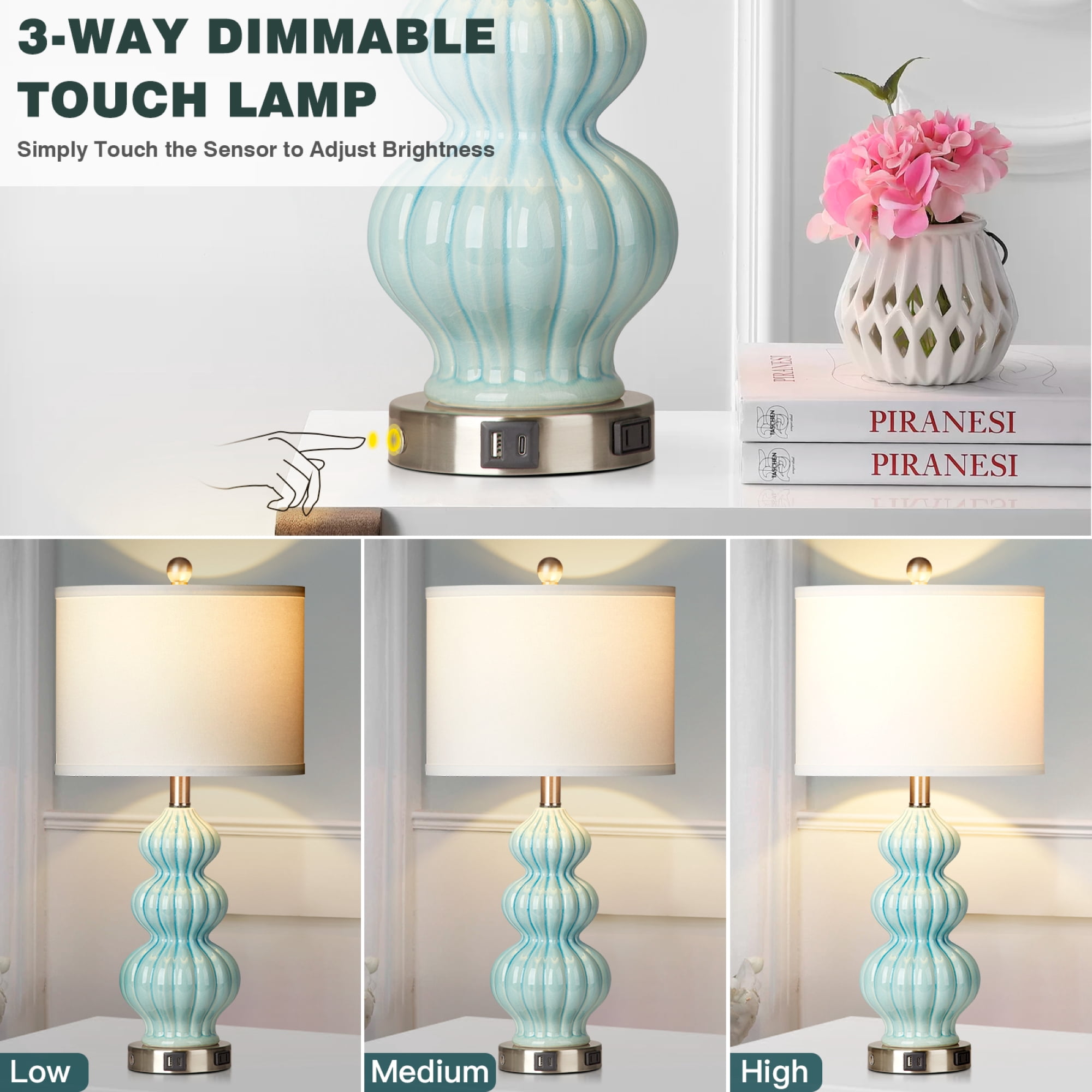 Cinkeda Triple Gourd Ceramic Table Lamp Set of 2 with USB A+C Ports AC Outlet for Bedroom Living Room Modern Blue 3 Way Dimmable Touch Control Bedside Nightstand Lamps