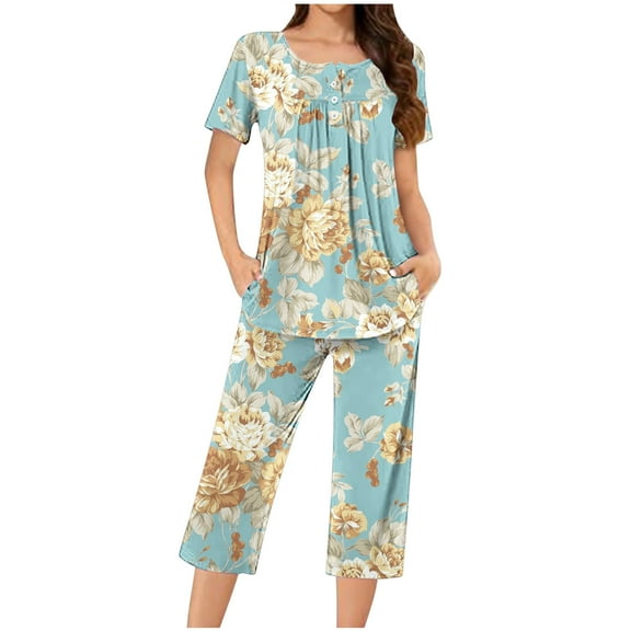 Wancir Womens Pajamas Set Short Sleeve Sleepwear Tops with Long Pants Pjs Set Print Nightwear