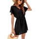 thumbnail image 1 of Mujer Cuello En V Manga Corta Bikini Cubrir Dobladillo Suelto Cintura Cordón Lazo Lado Dividir Traje De Baño Vestido Cubrir Negro S, 1 of 3