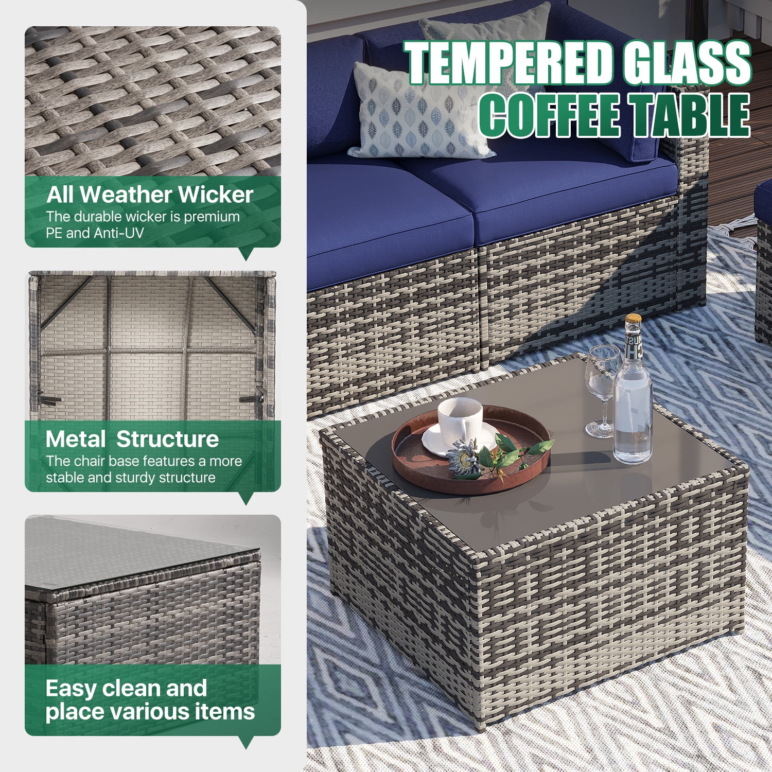 Clouddwell 11 Piece Patio Furniture Set Wicker Rattan Patio Conversation Set Outdoor Sectional Sofa Set with Coffee Table and Blue Cushions(Waterproof Cover Included)