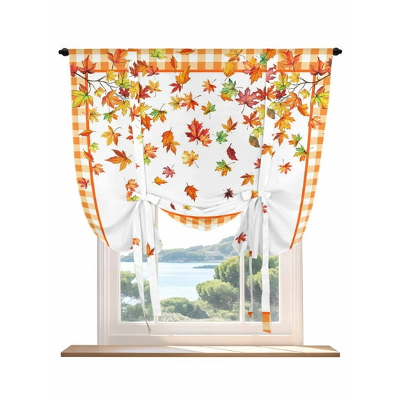 Maple Leaf Fall Tie Up Curtains for Windows 45 Inch Length Balloon Curtains Kitchen Adjustable Window Shade Thanksgiving Burnt Orange Plaid Autumn Botanical Watercolor Tie Up Bathroom Curtain 34"x45"