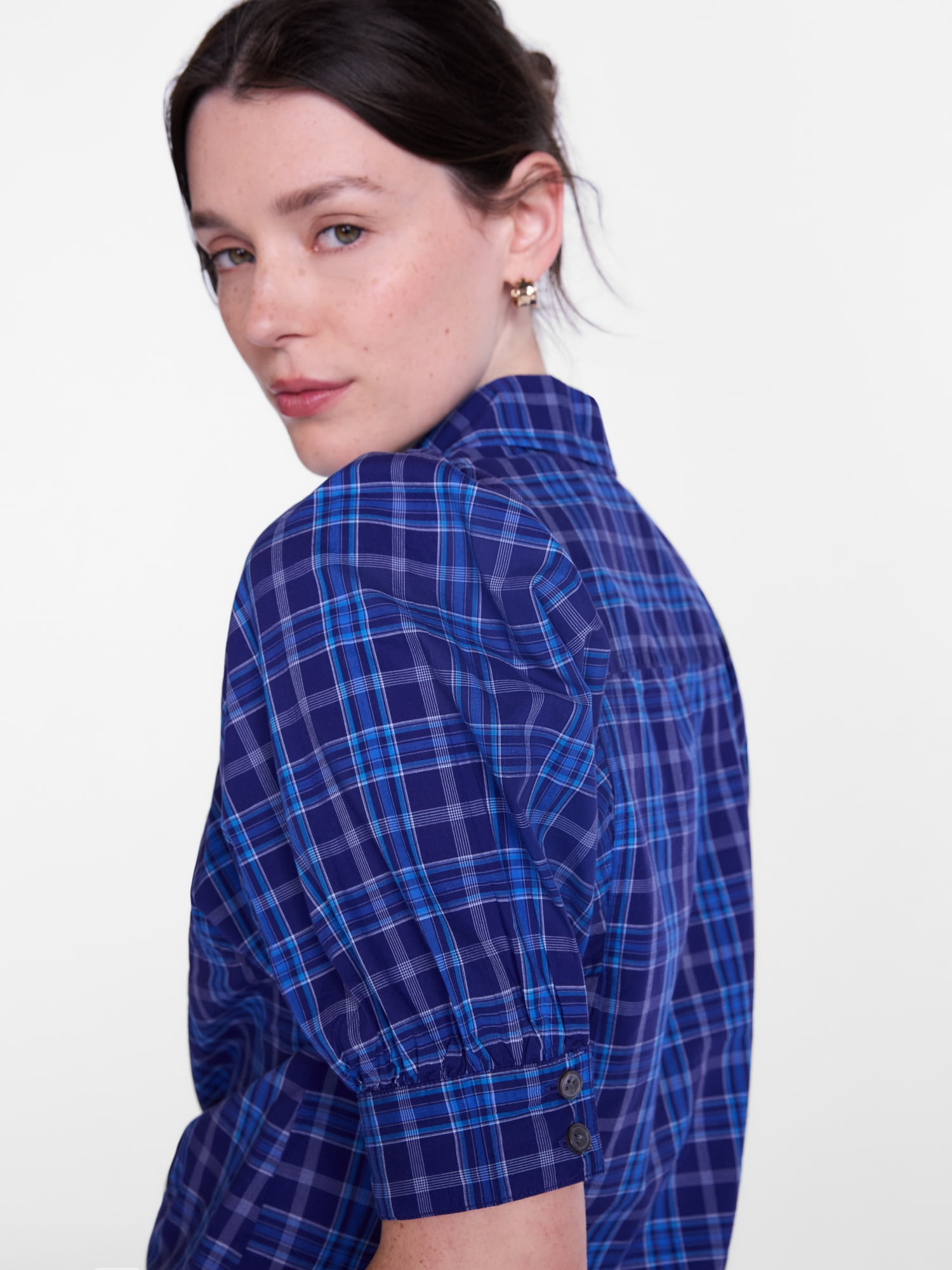 Scenario Women's Button Front Shirt with Puff Sleeves, Sizes XS-XXXL