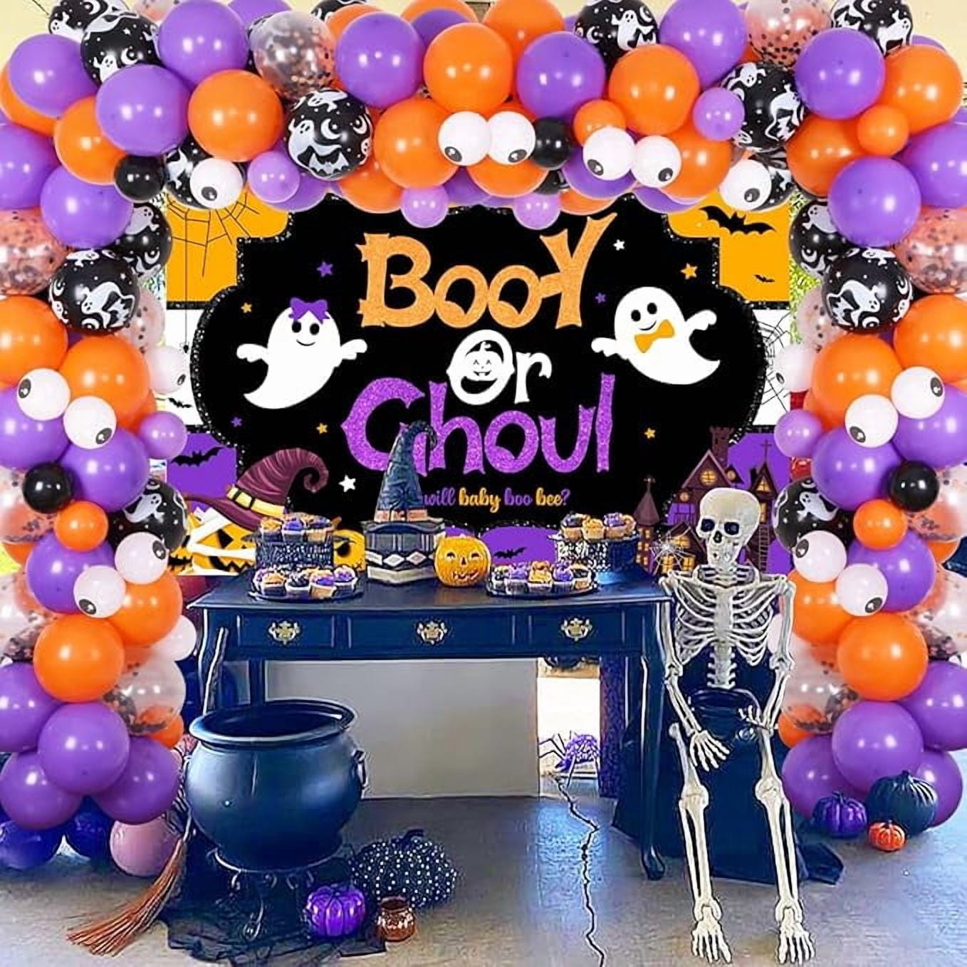 Halloween Gender Reveal Decorations - Booy or Ghoul Backdrop, Orange Purple Black Balloon Garland Arch, Boy or Girl, He or She What Will Baby Boo Bee, Ghost Gender Reveal Baby Shower Decorations