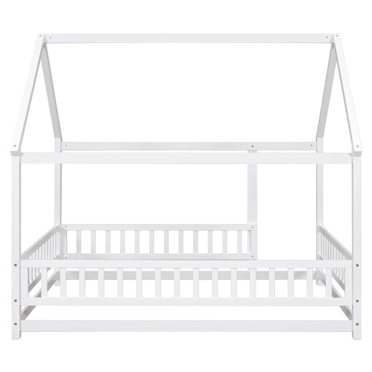 Full Size Floor Bed Frame with Roof for Kids, Wooden Montessori Bed with Fence Guardrails, Low Platform Playhouse Bed for Boys and Girls, No Slats Included, White