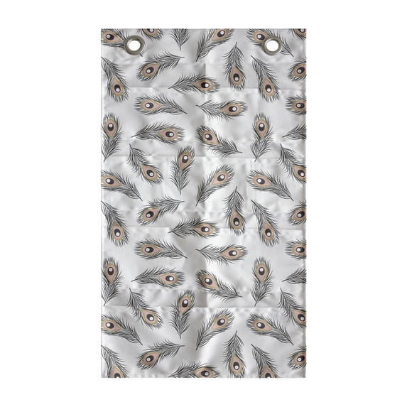 Feather Hanging Pocket Organizer, Peacock Feathers Scattered Randomly on a Plain Backdrop, Printed Polyester Storage Bag with Pockets, 21" x 31", Sand Brown Grey