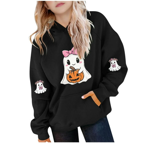Makaor Hoodies for Girls Boys Halloween Pullover Sweatshirts Ghost Long Sleeve Coats Fleece Clothes Pockets