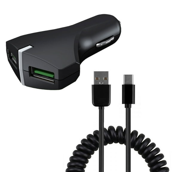 Car Charger 36W Fast 2-Port USB Coiled Cable Type-C Quick Charge DC Socket Power D2N for Cricket Ovation, Icon 2 - Dragon Touch Notepad K10 - Essential Phone (PH-1) - Google Pixel XL 4 XL