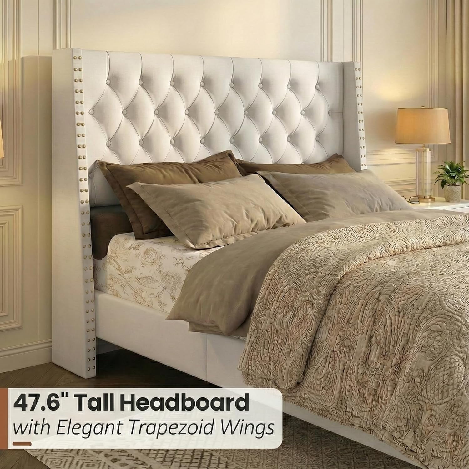 Queen Size White Velvet Upholstered Platform Bed Frame with 47.6" Tall Wingback Tufted Headboard & High Footboard, Gold Nailhead Trim, 1000lbs Heavy Duty Support, No Box Spring Needed