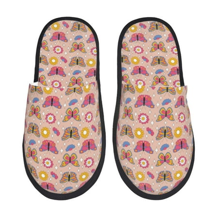 Balery colorful Butterfly Daisy Slient Indoor Furry Fleece Comfort House Shoes Soft Non-Slip Home Shoes Cotton slippers House Slippers-- Medium