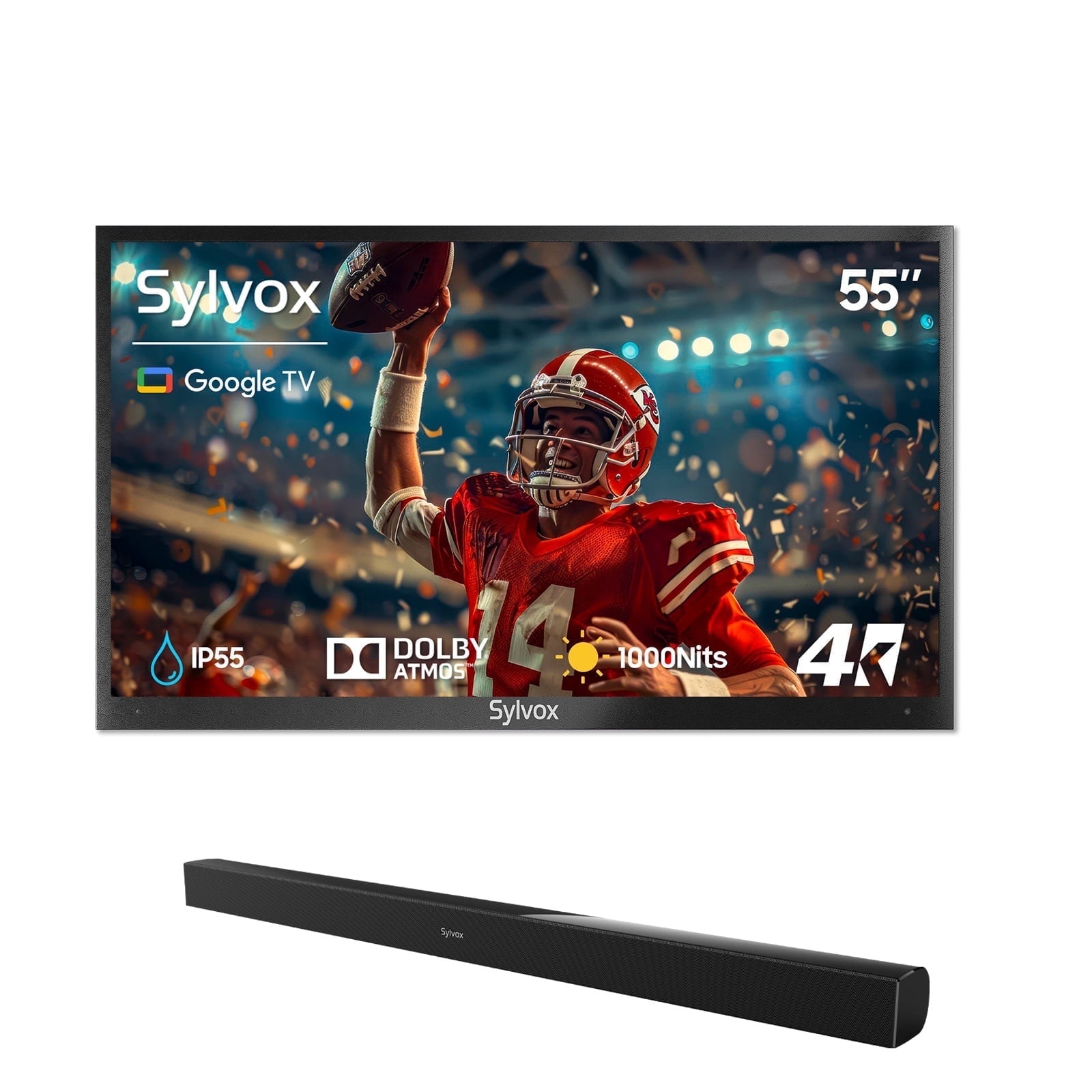 Sylvox Outdoor TV with Soundbar,55" 4K 1000nits Google TV with Dobly Atmos,IP55 Waterproof Television,Voice Remote,for Partial Sun Area(Deck pro 2.0)