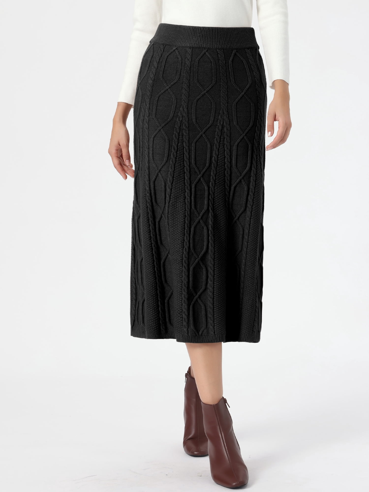 DARING DIVA Women's Cable Knit Sweater Skirt A-Line Ribbed Knit Midi Skirt M Black