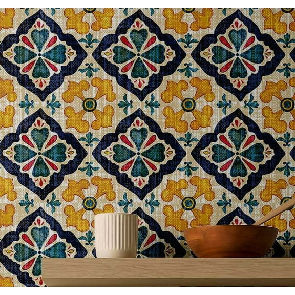 S4sassy Self Adhesive Wallpaper, Floral Tile Wallpaper, Yellow Removable DIY Vinyl Tile Pattern Wall Covering, Peel and Stick Contact Paper for Entryway wall, Kitchen Backsplash-25"x120"