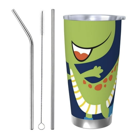 

KLL Dino Playing Roller Skate Print 40oz Stainless Steel Insulated Car Cup with Spillproof Lid - Keep Your Drink Hot or Cold on the Go-Straw Three-piece Set