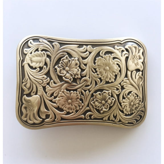 Western Flower Southwest Rectangle Solid Brass Belt Buckle