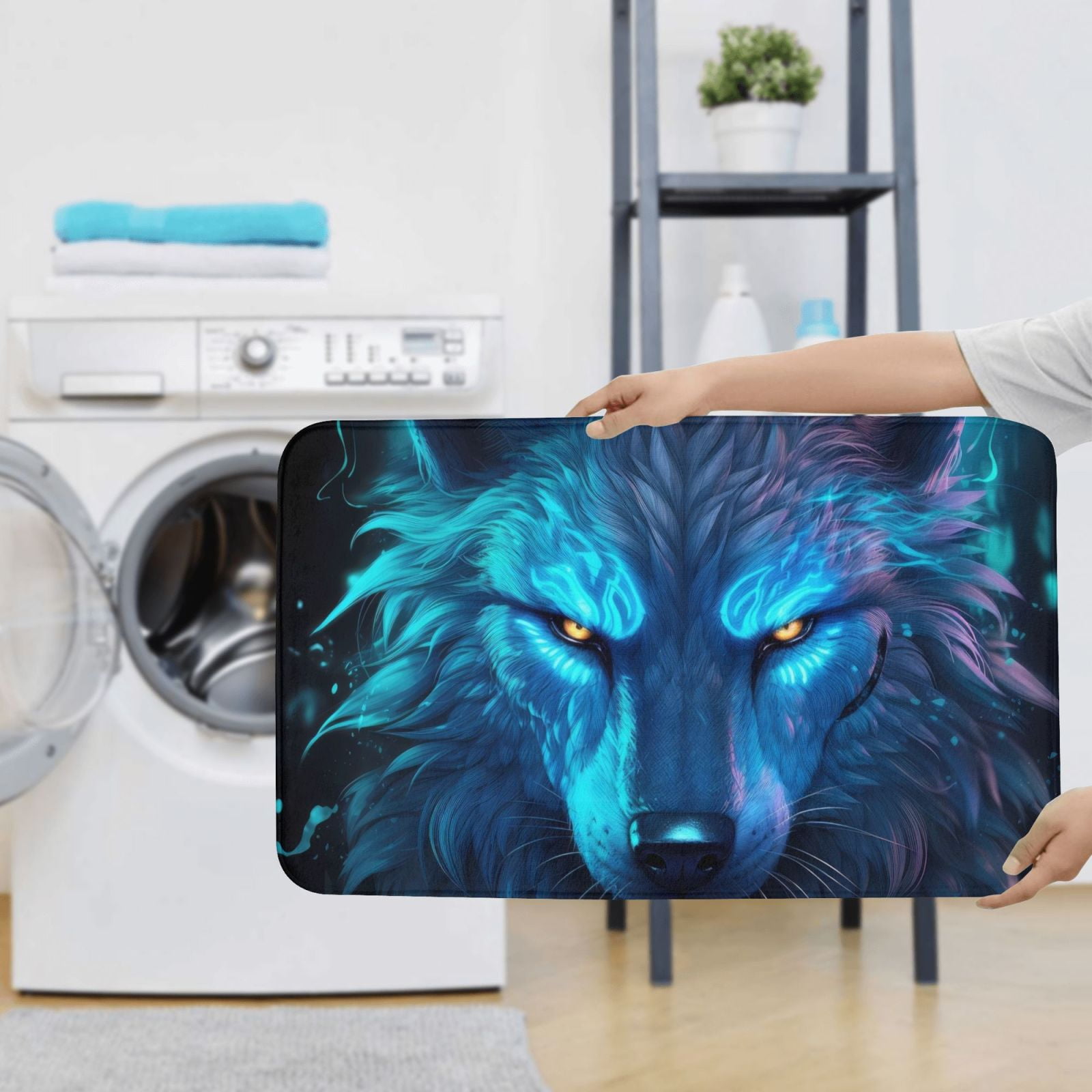 Bathroom Rugs Sets 3 Piece - Futuristic Blue Light Wolf Absorbent Non Slip Bath Mats, U-Shape Toilet Lid Cover, Contour Mat, Soft Washable Shower Mats Bath Rug Mat for Bathroom Tub Toilet